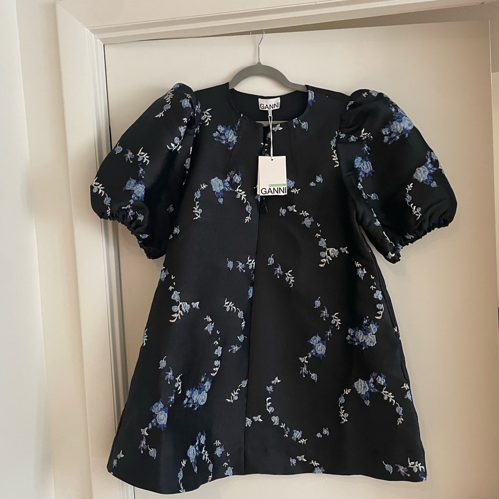 Ganni Black Dress with Blue Floral Design